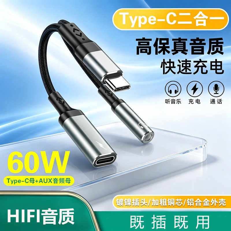 Type-C二合一数字dac转接头typec转3.5mm音频线边充电边听歌直播适用于华为oppo荣耀三星手机ipad通用