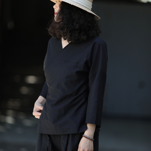 游设原创新中式汉式v领斜襟系带七分袖蚕丝棉衬衫上衣 无墨