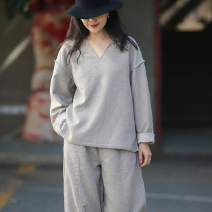 游设原创秋冬新中式 谈默 羊毛呢v领毛边上衣卫衣