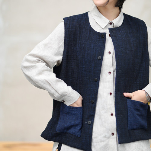 游设原创新中式色织棉毛圆领双层双面穿马夹马甲 深谈