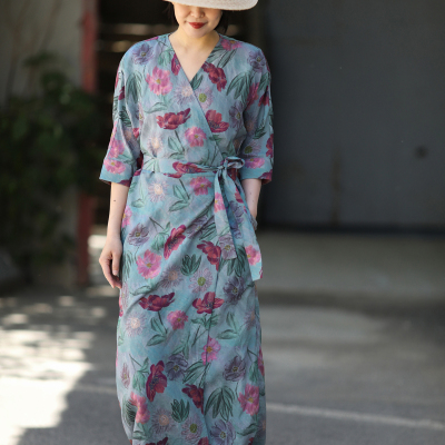 游设原创天丝亚麻印花落肩袖V领裹身裙 花追