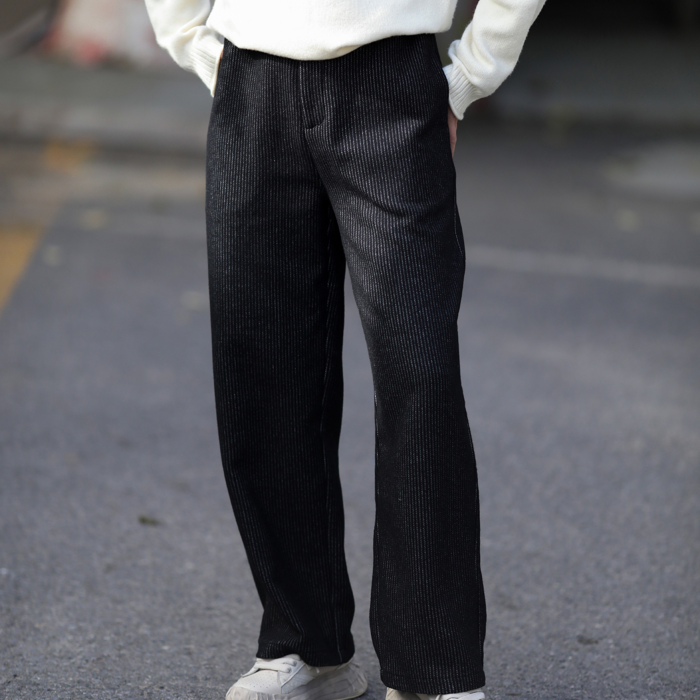 游设计原创加厚条纹羊毛呢休闲裤直筒裤长裤 玄纹