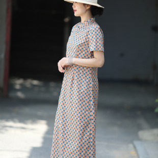 解与 改良旗袍 游设原创新中式 复古印花高密棉立领短袖