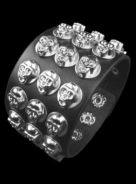 骷髅爱心圆形铁片黑皮革朋克手链