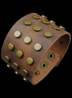 高平圆钉咖啡棕色柔软皮朋克手链