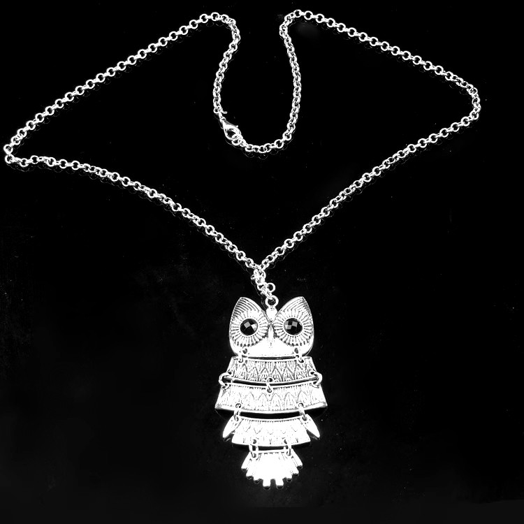 个性化潮流风银色金属猫头鹰黑眼睛朋克项链中性装饰品挂链毛衣链