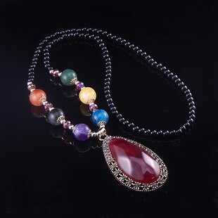 扇形金色合金吊坠镶嵌水钻树脂紫色碎金底黑珠链项链女彩珠毛衣链