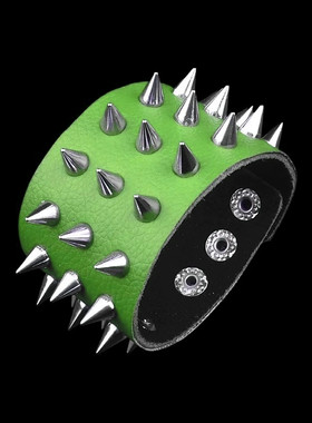 尖铆钉绿色贴皮荔枝纹软朋克手链