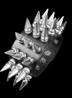 宽大钉灰色塑料圆球黑皮朋克手链