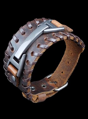 复古棕色牛皮朋克风饰品针扣手环