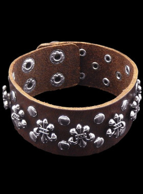 柔软牛皮银色小钉花剑朋克风手链