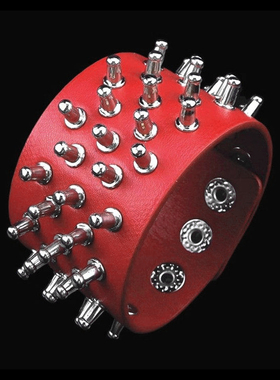 百搭气质密集银色奶嘴铆钉大红PU皮朋克手链中性手环手镯搭配饰品