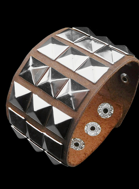 银色金字塔方钉咖啡色皮朋克手链