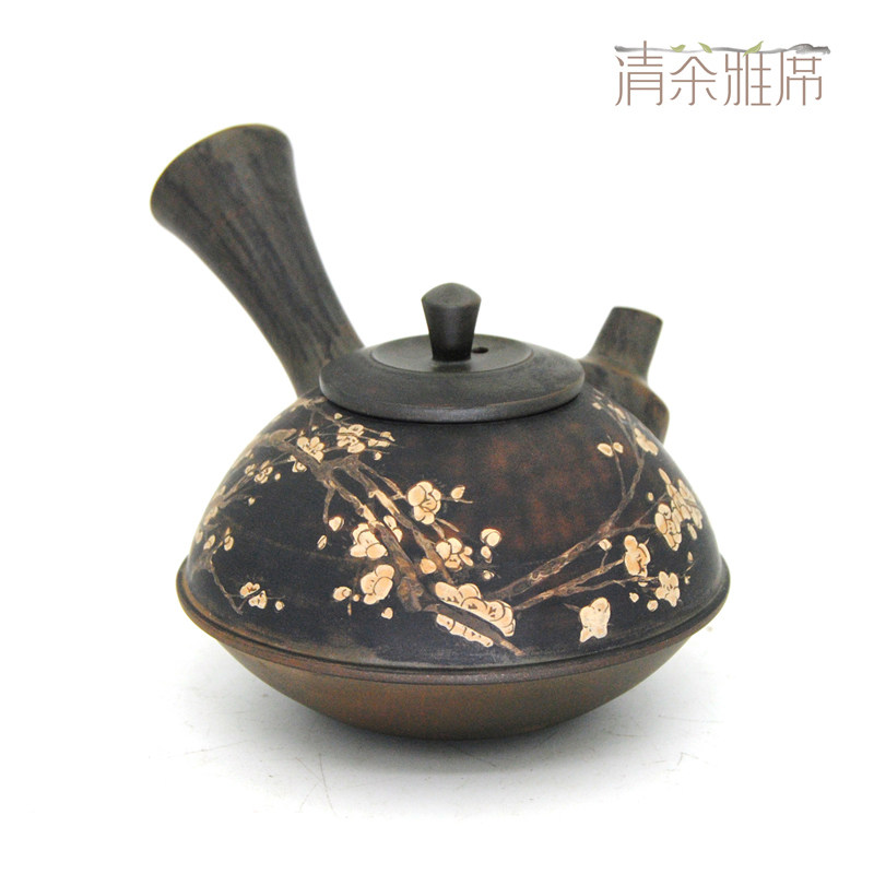转行清货 建水紫陶名家彭灿卿一末紫陶全手工彩填长柄侧把唐羽壶