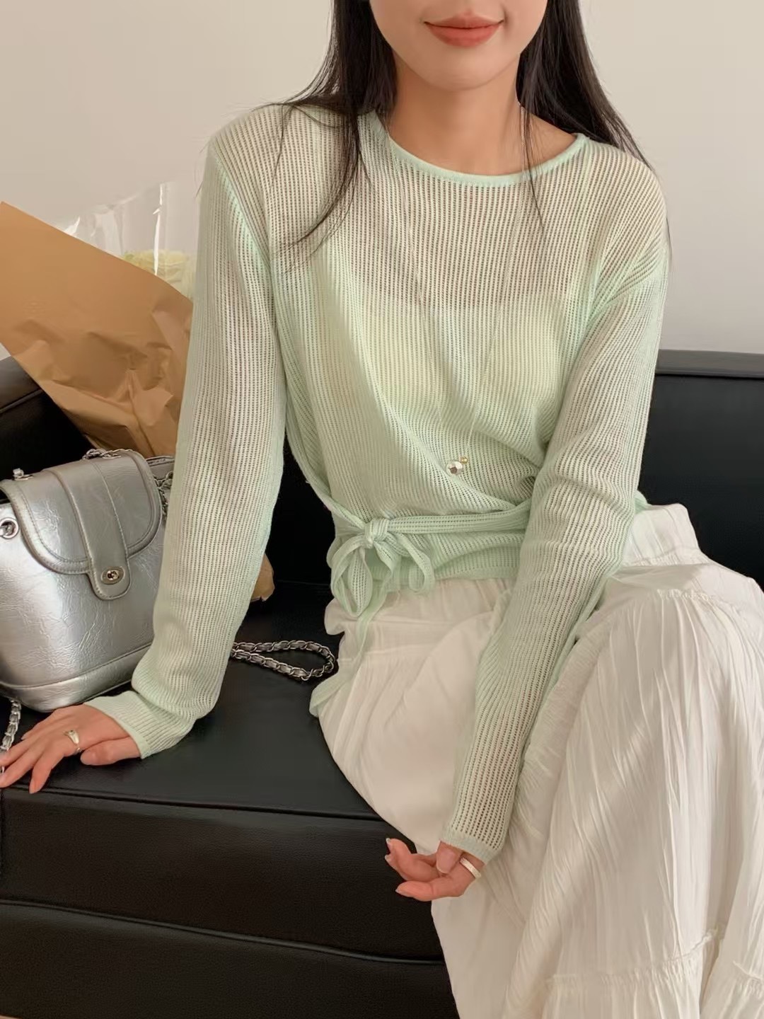 MOMi春夏小薯条针织系带防晒衫百搭休闲长袖圆领宽松套头A2501女