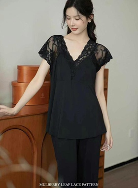 小知家牛奶丝法式纯欲蕾丝套装睡衣镂空性感甜美带胸垫V领女2077