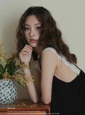 夏季蕾丝飞边睡裙家居花边竖条性感甜美少女纯欲莫代尔带胸垫7608