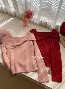 YN新品韩范一字肩蝴蝶结针织衫上衣女2023秋冬气质温柔甜美风毛衣