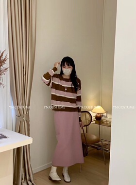 YN韩系品牌秋冬季蜜熊绒拼色毛衣套头上衣女宽松圆领撞色毛针织衫