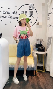利索LiSuo夏季韩版松紧腰宽松休闲薄料牛仔短裤女直筒四分短裤