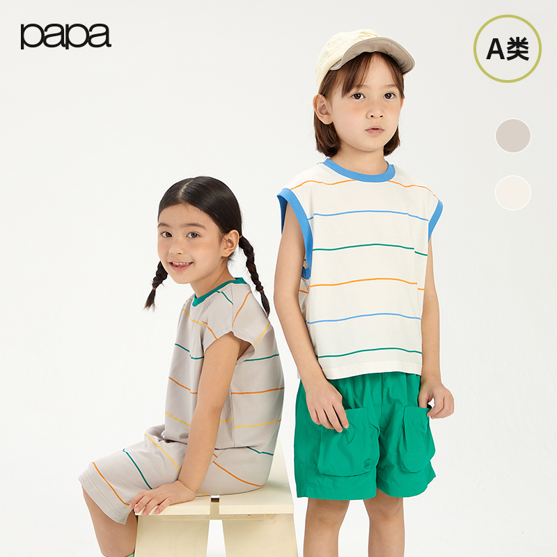 papa儿童t恤条纹无袖背心洋气