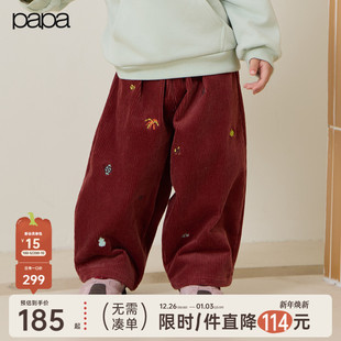 儿童裤 papa爬爬冬季 子男女童灯芯绒绣花柔软小马新年保暖 新品