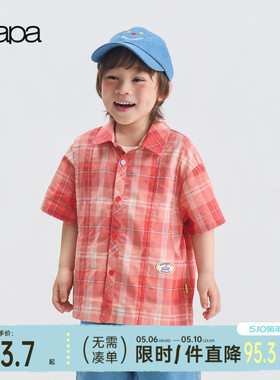 【新品】papa爬爬夏季儿童衬衫男女童纯棉色织格子上衣休闲复古风