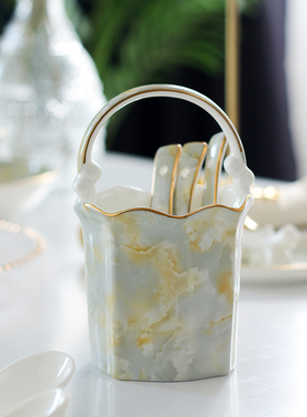 轻奢骨瓷花篮勺子笼家用描金勺子收纳筒汤勺收纳盒餐桌刀叉笼花篮