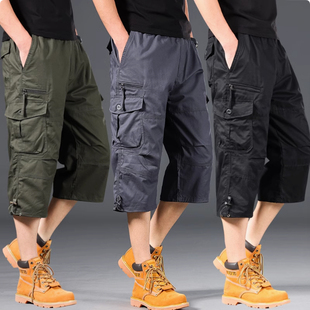 男士 裤 潮牌宽松加大码 5五分短裤 子 夏季 男过膝纯色棉7分裤 七分工装