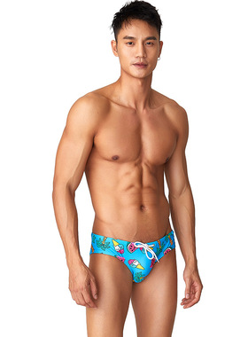 男士三角泳裤SEOBEAN男泳衣三角印花沙滩温泉泳裤低腰速干游泳裤