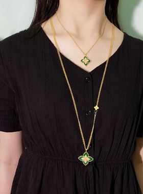 四叶草长项链女小众天然贝壳玛瑙轻奢四方菱形满钻挂饰双层毛衣链