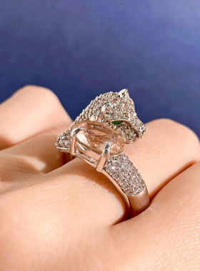 国潮风饰品满钻绿眼豹子头镶粉色钻戒指嘻哈个性动物猎豹开口指环