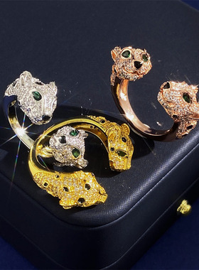 欧美风戒指个性霸气绿眼镶钻双头豹子开口食指环时尚百搭戒指