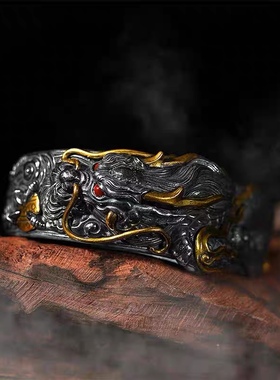 霸气盘龙四海手镯S925银镯子神龙招财复古个性霸气开口手环男女