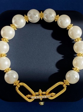 嘻哈欧美时尚个性光面珍珠间钻铆钉环环相扣珍珠弹力绳手链手环