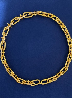 潮流时尚个性光面间钻铆钉环环相扣项链百搭三叉戟光面锥形铆钉