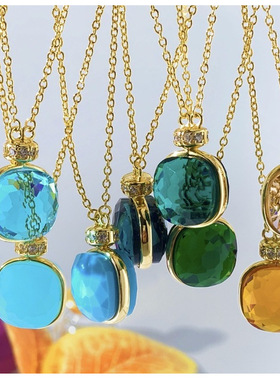 日韩精品高定小众货源跨境爆品超闪人造水晶海蓝宝石香水瓶项链饰