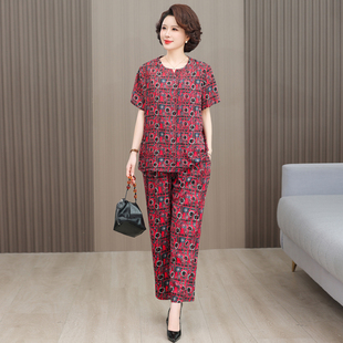 女夏季 洋气套裤 短袖 妈妈装 两件套宽松大码 复古几何风棉绸套装