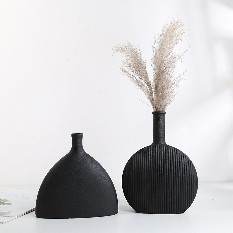 新中式黑白上釉现代简约条纹陶瓷花瓶干花花器创意民宿装饰品