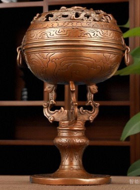 紫铜虎纹透雕香炉家居茶艺香道用品禅意熏香炉盘香线香紫铜炉