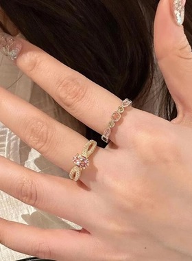 中古精致彩宝粉色锆石戒指女ins开口可调节个性百搭2026新品手饰