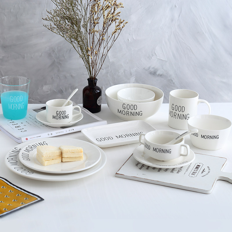Nordic breakfast plate good morning letter Mug Dessert suit Mug Ceramic bowl Spoonin the Tableware , Tableware , Bowl  category - from Buy2taobao.com to provide professional Taobao agent buy service