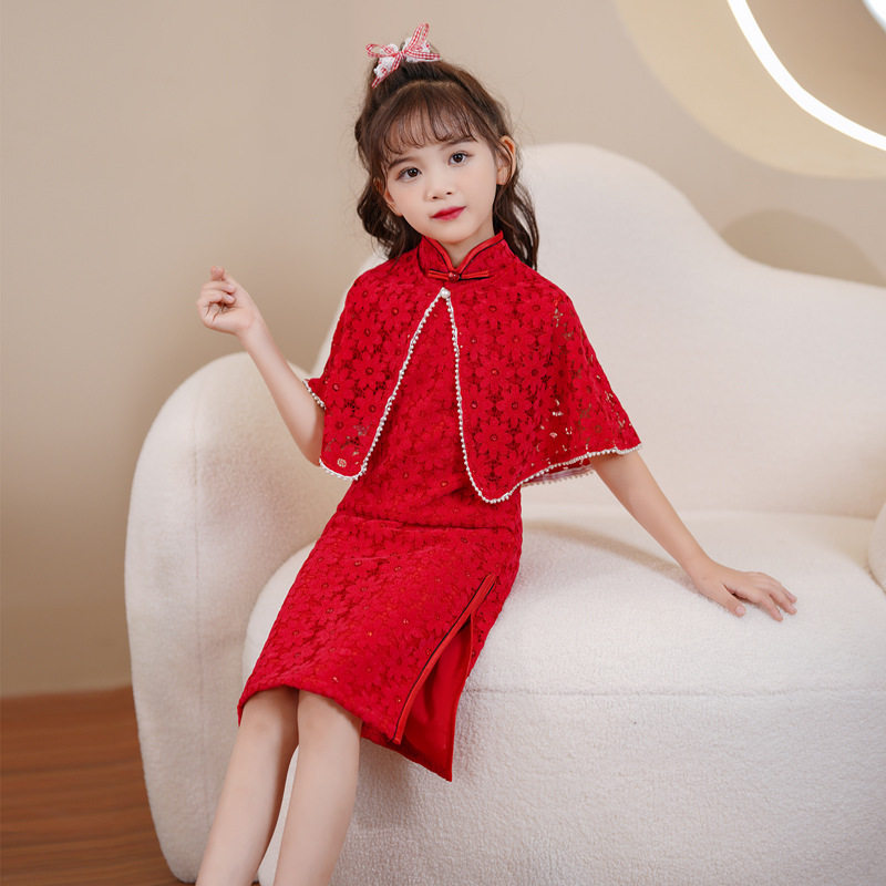 新款女童旗袍春秋蕾丝中袖中国风周岁礼服小女孩连衣裙演出服礼服