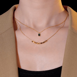 双层碎金子绿色吊坠项链女2024新款高级感颈链小众设计轻奢锁骨链