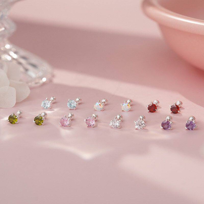 S999纯银足银龙爪锆石螺丝耳钉多巴胺简约时尚养耳洞温柔耳饰