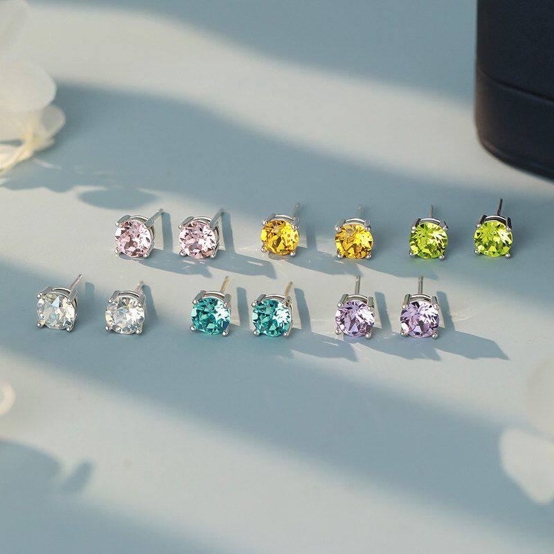 足银S999纯银多巴胺施华洛锆石耳钉女甜美新款韩风韩系简约耳饰