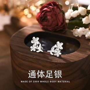 999足银花朵耳钉双生花女轻奢小众精致气质简约螺丝纯银花朵耳饰