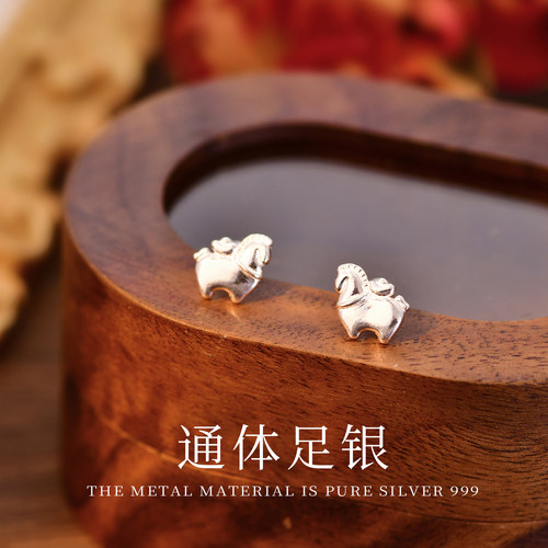 999纯银耳环生肖马耳骨钉养耳洞足银耳饰女款耳钉新中式马上有钱