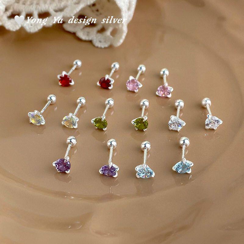 S999纯银足银龙爪锆石螺丝耳钉多彩多巴胺清新睡觉免摘ins风耳饰