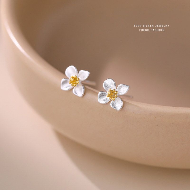 S999纯银分色磨砂栀子花耳钉女韩版ins小众设计感高级感素银耳环